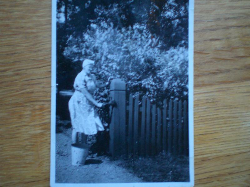 Moster Annie vid grindstolpen.JPG