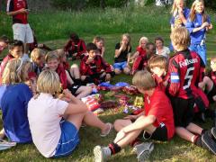 Segerfest på gärdet i solnedgången med frukt, snacks och musik